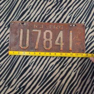 Vintage 1926 New Jersey Plate Antique NJ U7841 Rust Patina Automobilia